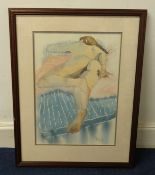 R.W.Bruff, watercolour, 'Nude lady laying on a mattress', signed, 39cm x 26cm.