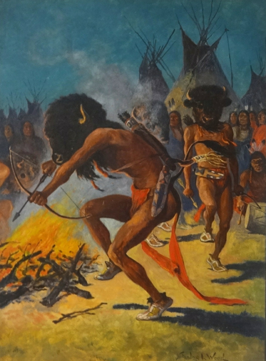 Stanley L Wood, Indian Dance, oil on board, indistinctly titled verso, 36cm x 26cm. - Image 2 of 2