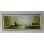 John Bampfield, oil on canvas, signed 'Harbour Scene', 45cm x 122cm.