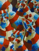 Lee Woods, oil on wrap around board, 'Cats', 51cm x 40cm.