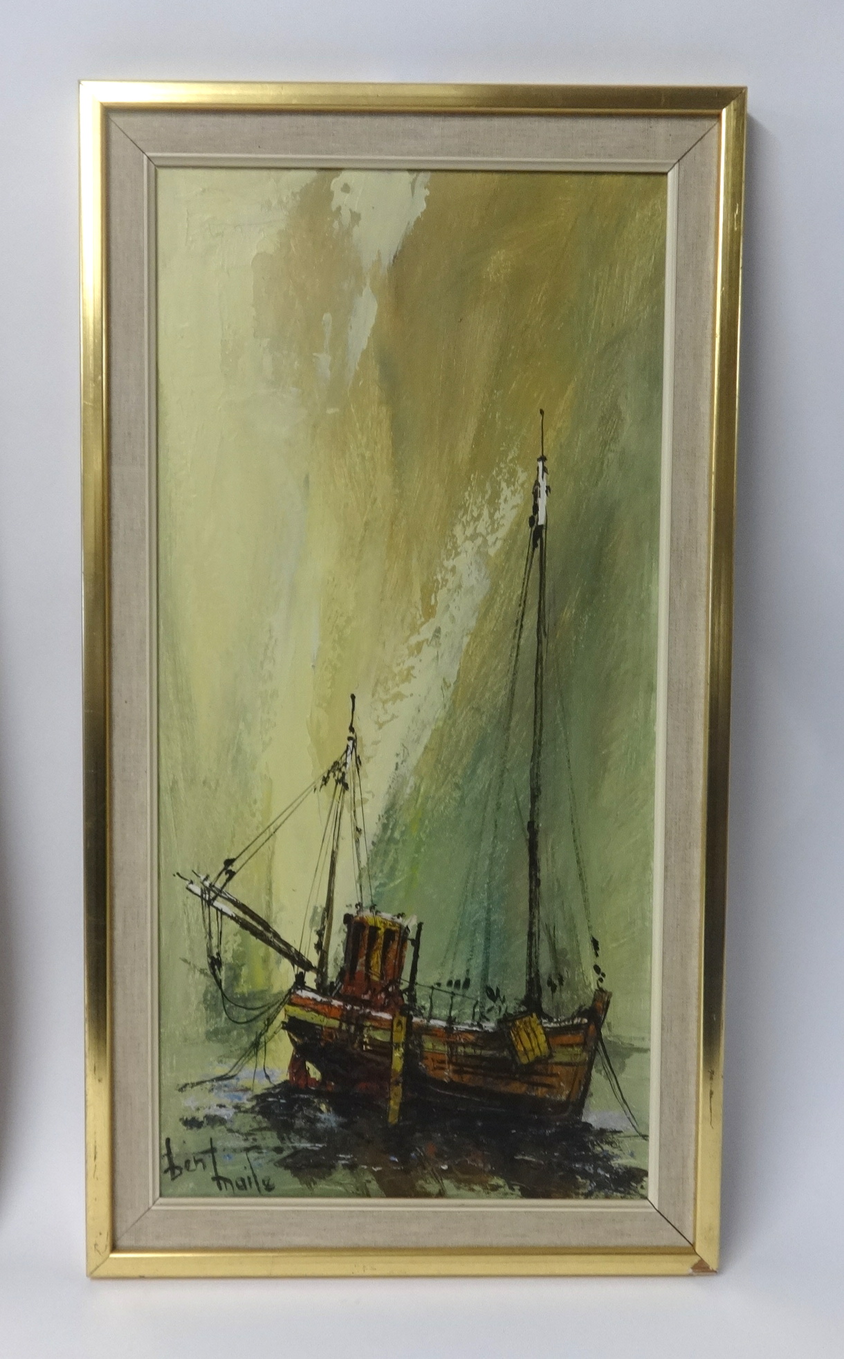 Ben Maile (1922-2017), a pair of oil on canvas, 'Boats', signed, 59cm x 29cm.