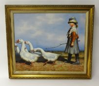 P. Brand, oil on canvas 'The Goose Girl' after the original by James Guthrie 'Of to Pastures New',