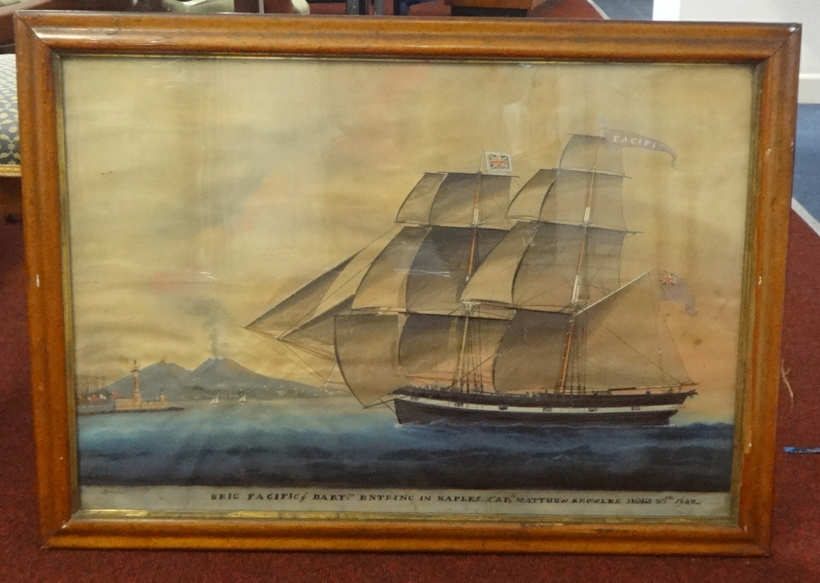 Michele Funno (Italian fl 1830-1865), signed gouache, titled 'Brig Pacific of Dart 'Mo' entring in - Image 2 of 2