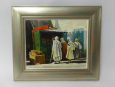 Lennox Manton, oil on board, 'Arabian Market Scene' 33cm x 38cm.