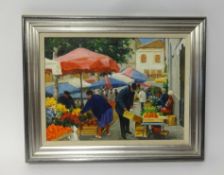 Lennox Manton, oil on board, 'Market Scene' 28cm x 38cm.