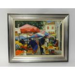 Lennox Manton, oil on board, 'Market Scene' 28cm x 38cm.