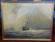 Les Spence, signed oil on canvas 'Galleons in a Storm', 76cm x 101cm