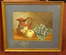 Still Life, terracotta jug, apple and grapes, not signed, pastel, 24cm x 31cm.
