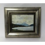 Lennox Manton, oil on board, 'Mountain Lake Scene' 14cm x 19cm.