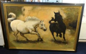 Robert Lenkiewicz (1941-2002), a large early oil painting, 'Two Stallion Horses', signed, oil on