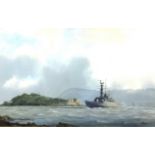 Tim Thompson, gouache 'Frigate off Drakes Island, Plymouth Sound', signed, 23cm x 36cm.