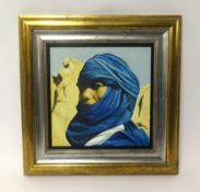 Lennox Manton, oil on board, 'Man in Blue Burka', 29cm x 29cm.