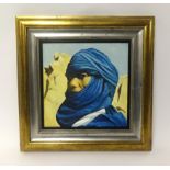 Lennox Manton, oil on board, 'Man in Blue Burka', 29cm x 29cm.