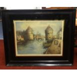 A pair early 20th century prints, Continental Scenes, signed in pencil, in original black frame (2),