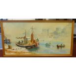 Two Terry Burke oil on board, 'Fishing Boat Scene', largest 43cm x 90cm (2)