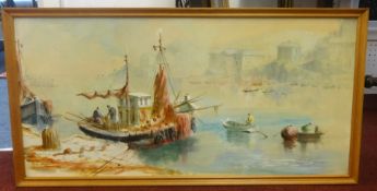 Two Terry Burke oil on board, 'Fishing Boat Scene', largest 43cm x 90cm (2)