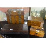 Victorian walnut and brass bound stationary box together with three other boxes including
