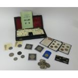 A collection of Old English coins including proof coins, decimal sets, also a Mahjong set in