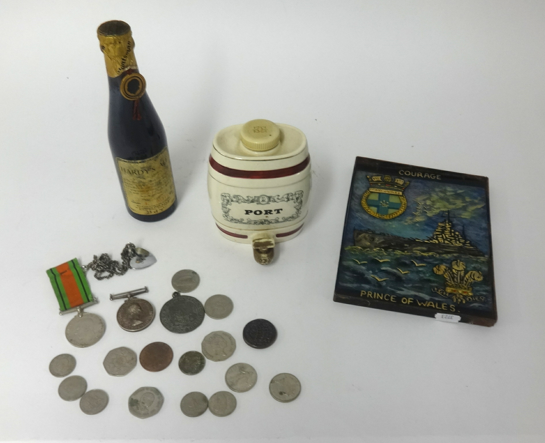WWII medals, various coins, medallions and Prince Of Wales Courage sign, Wade port barrel and bottle