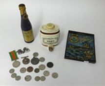 WWII medals, various coins, medallions and Prince Of Wales Courage sign, Wade port barrel and bottle