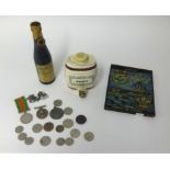 WWII medals, various coins, medallions and Prince Of Wales Courage sign, Wade port barrel and bottle