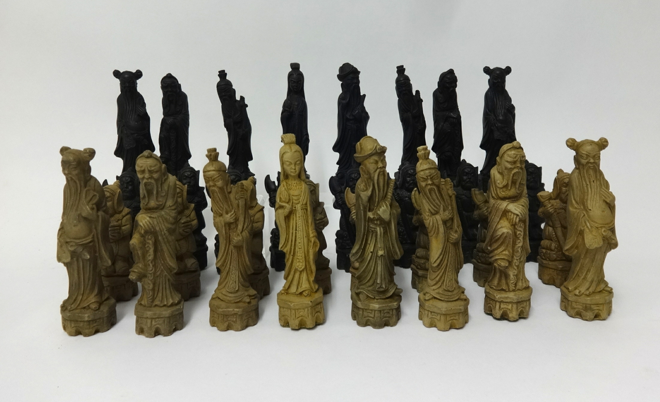 A modern chess set of Chinese design.