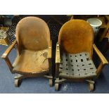 Pair of Art Deco style low oak framed arm chairs with leather backs and seats, (for upholstery)