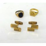 An onyx ring hallmark rubbed, a pair of 9ct gold gents cufflinks and a 9ct gold St Christopher ring.