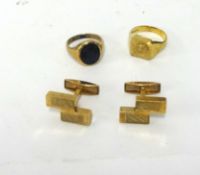 An onyx ring hallmark rubbed, a pair of 9ct gold gents cufflinks and a 9ct gold St Christopher ring.
