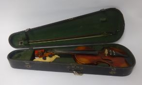 A violin and bow, label 'Nicolaus Amatus fecil in cremona 16'. in original wood case.