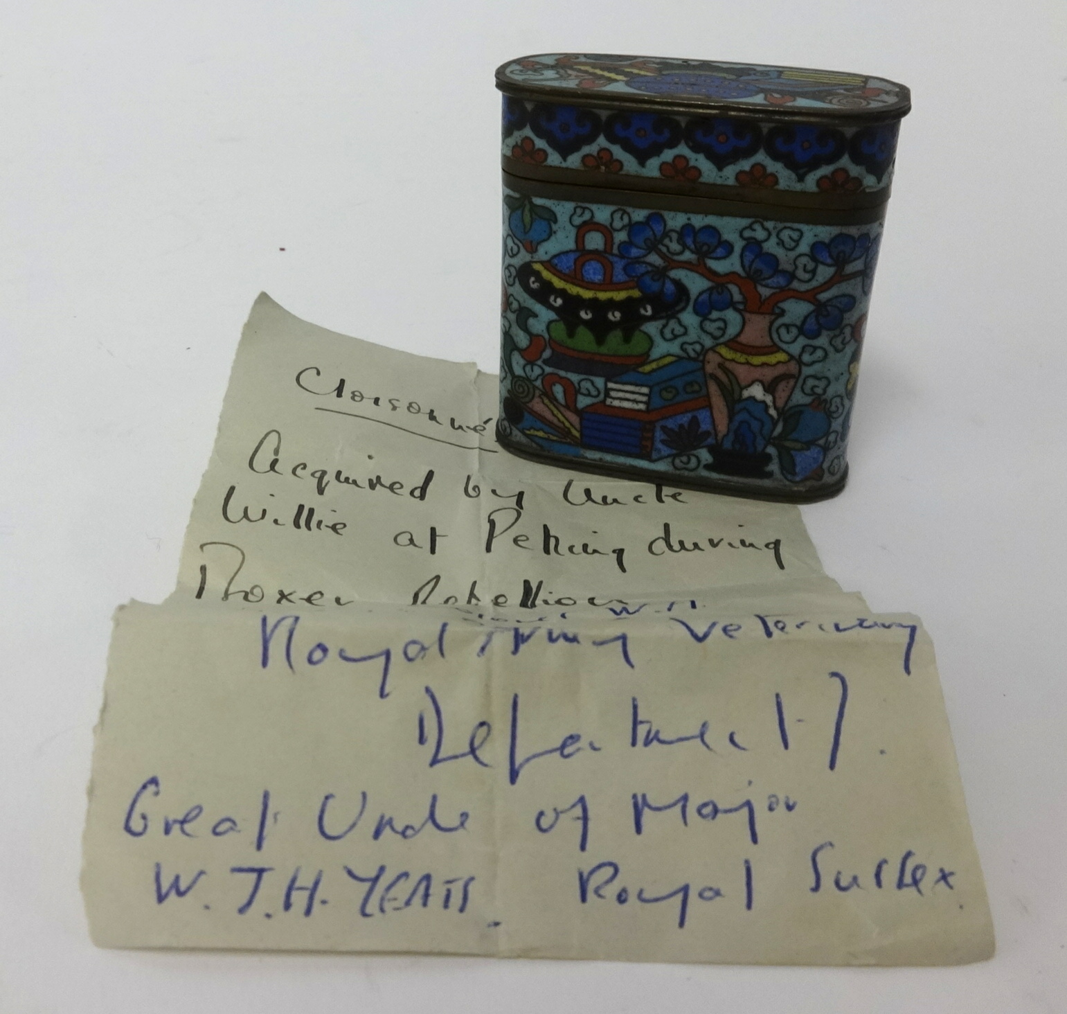Cloisonné enamelled box and cover inside a hand written note 'Acquired by Uncle Willy at Peking