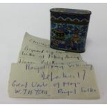 Cloisonné enamelled box and cover inside a hand written note 'Acquired by Uncle Willy at Peking