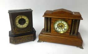 An architectural oak cased mantel clock and a 19th Century boulle cased mantel clock
