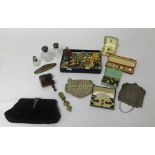 A mixed collection including silver top scent bottles, Tunbridge Ware table clamp pin cushion,