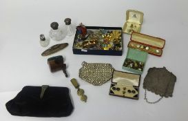 A mixed collection including silver top scent bottles, Tunbridge Ware table clamp pin cushion,