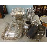Silver plated wares including entrée dishes and food warmer, hip flask,