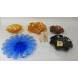 Four Carnival glass dishes another blue glass dish and a Wade Nat West pig money bank