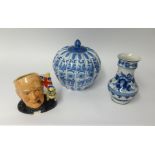 Royal Doulton Winston Churchill character jug D6907, 1992 together with two reproduction blue and