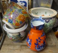 Four reproduction oriental jardinières and a Victorian toilet jug decorated in the 'India' pattern.
