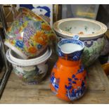 Four reproduction oriental jardinières and a Victorian toilet jug decorated in the 'India' pattern.