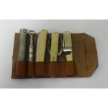 A military campaign cutlery set comprising fork, knife, spoon etc in original leather case, by