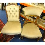 A Victorian walnut low nursing chair with upholstered seat and back rest, together with another