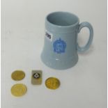 A Stockwell Lodge masonic tankard, masonic money clip, three gilt masonic medallions including