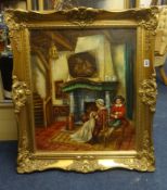 Three decorative pictures including oil on canvas 'Interior Scene' in the antique style,