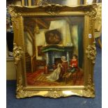 Three decorative pictures including oil on canvas 'Interior Scene' in the antique style,