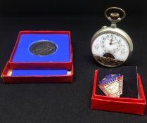 A French open face and enamelled pocket watch with escapement in the dial, a badge' Union of Railway