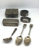 A 19th Century silver caddy spoon, a silver rectangular ring box, GS and SF, 80mm long, two silver