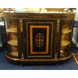 A Victorian ebonised and ormolu mounted Credenza, having walnut inlaid decoration and bow glass