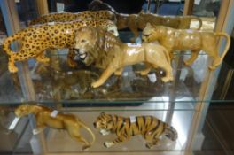 Three Beswick animals, Leopard, Lion and Tiger and two others (5).