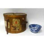 A vintage luggage hat box also a 19th century Abbey patterned blue and white bowl, diameter 23cm (